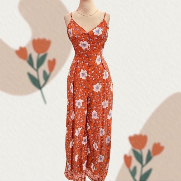 Forever 21 Pants - Forever 21 Orange Floral Spaghetti-Strap Jumpsuit